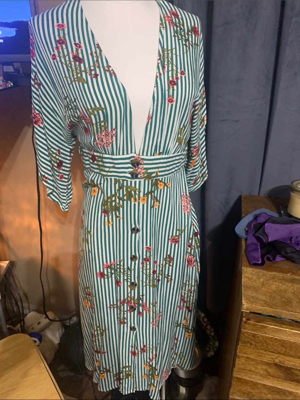 Forever 21 Green and White Striped Floral Midi Dress